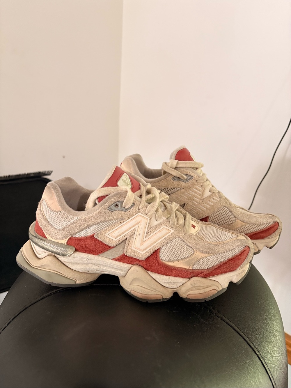 New Balance 9060 Women's Beige and Red Suede Sneakers